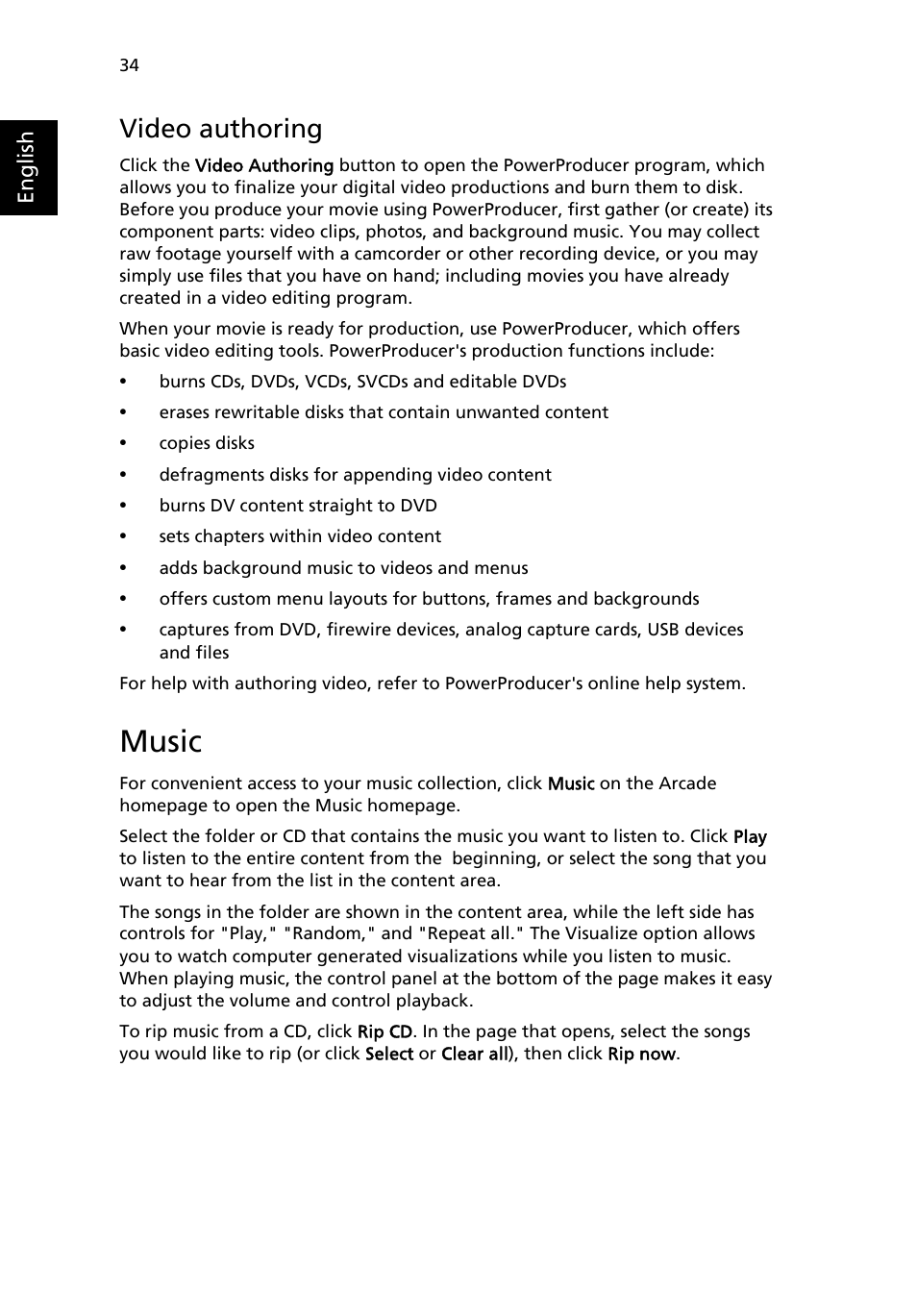 Music, Video authoring | Acer Aspire 5020 User Manual | Page 44 / 81