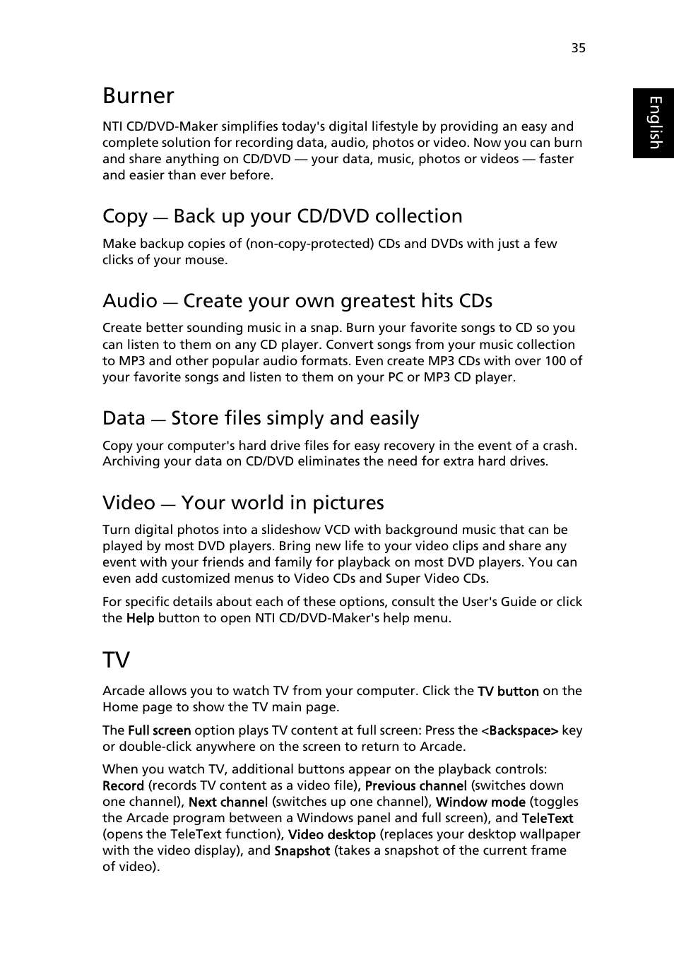 Burner, Copy — back up your cd/dvd collection, Video — your world in pictures | Copy, Back up your cd/dvd collection, Audio, Create your own greatest hits cds, Data, Store files simply and easily, Video | Acer Aspire 5020 User Manual | Page 45 / 81