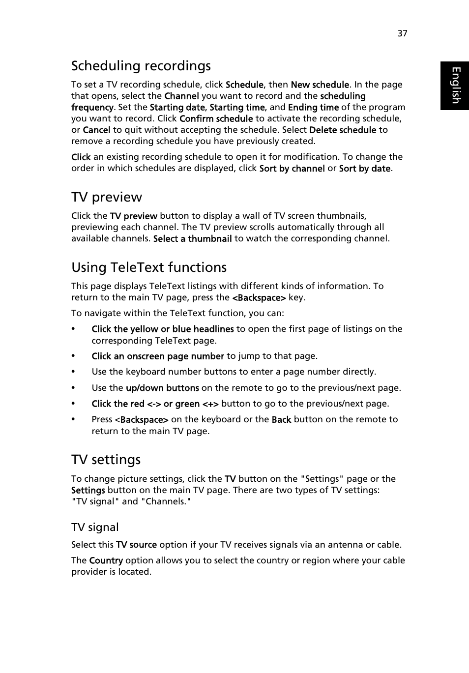 Scheduling recordings, Tv preview, Using teletext functions | Tv settings | Acer Aspire 5020 User Manual | Page 47 / 81