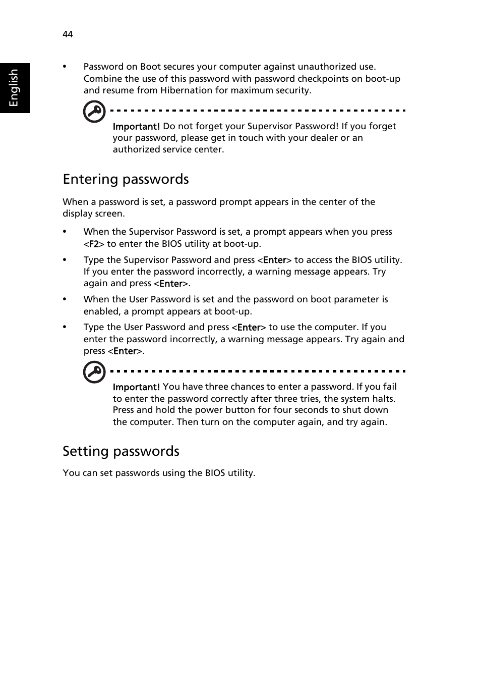 Entering passwords, Setting passwords | Acer Aspire 5020 User Manual | Page 54 / 81