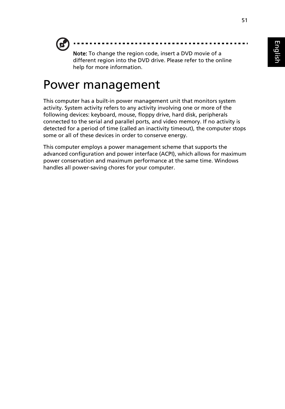 Power management | Acer Aspire 5020 User Manual | Page 61 / 81