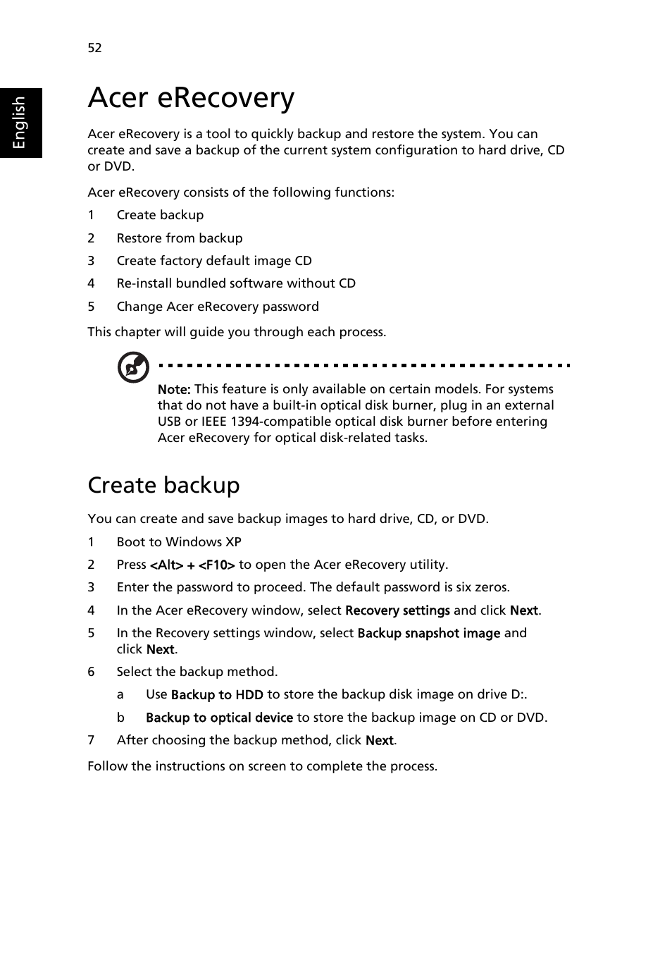 Acer erecovery, Create backup | Acer Aspire 5020 User Manual | Page 62 / 81