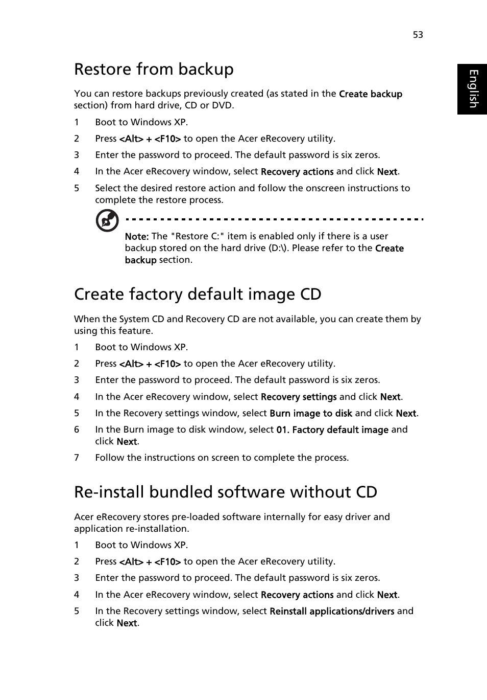 Restore from backup, Create factory default image cd, Re-install bundled software without cd | Acer Aspire 5020 User Manual | Page 63 / 81