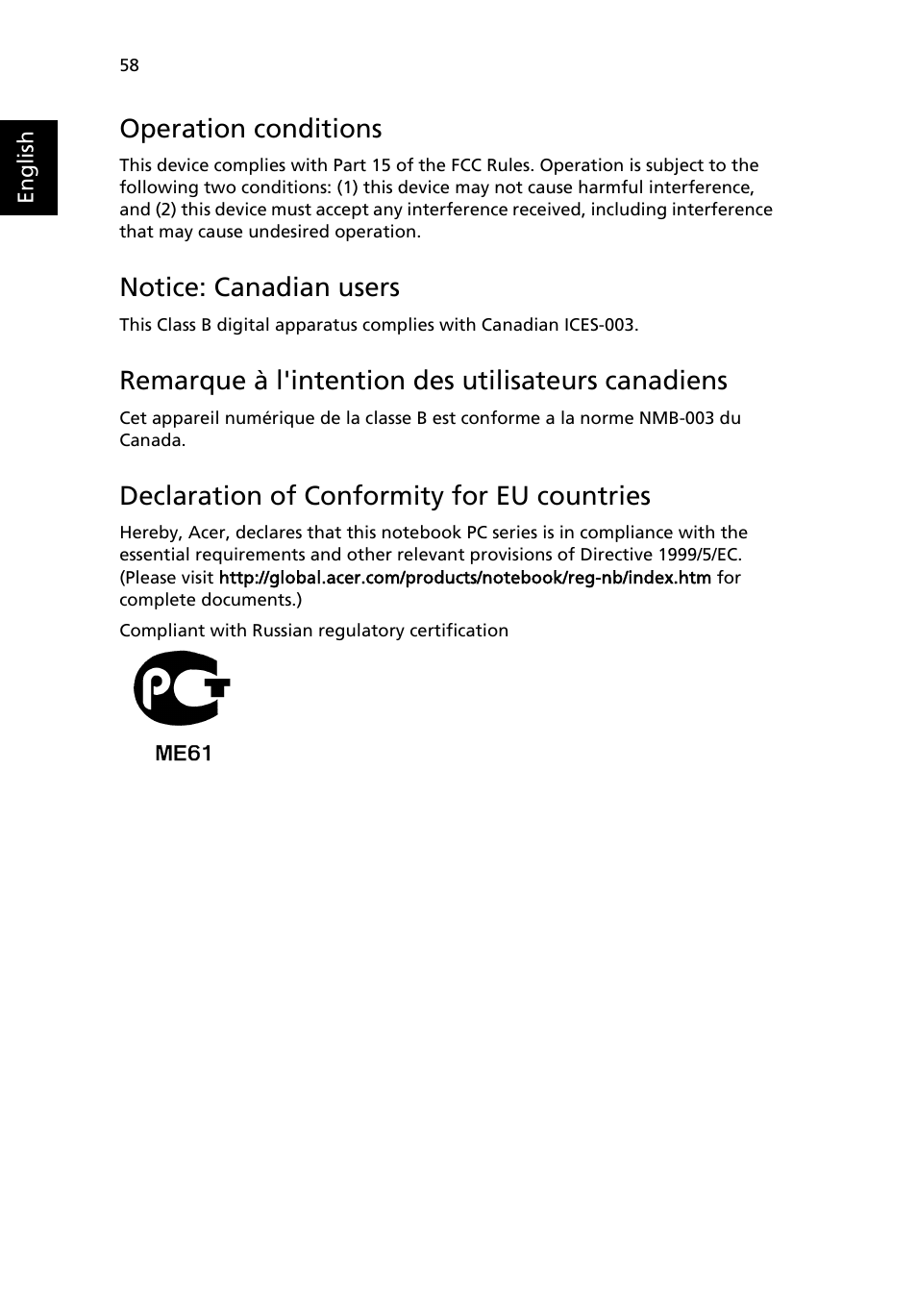 Operation conditions, Notice: canadian users, Remarque à l'intention des utilisateurs canadiens | Declaration of conformity for eu countries | Acer Aspire 5020 User Manual | Page 68 / 81