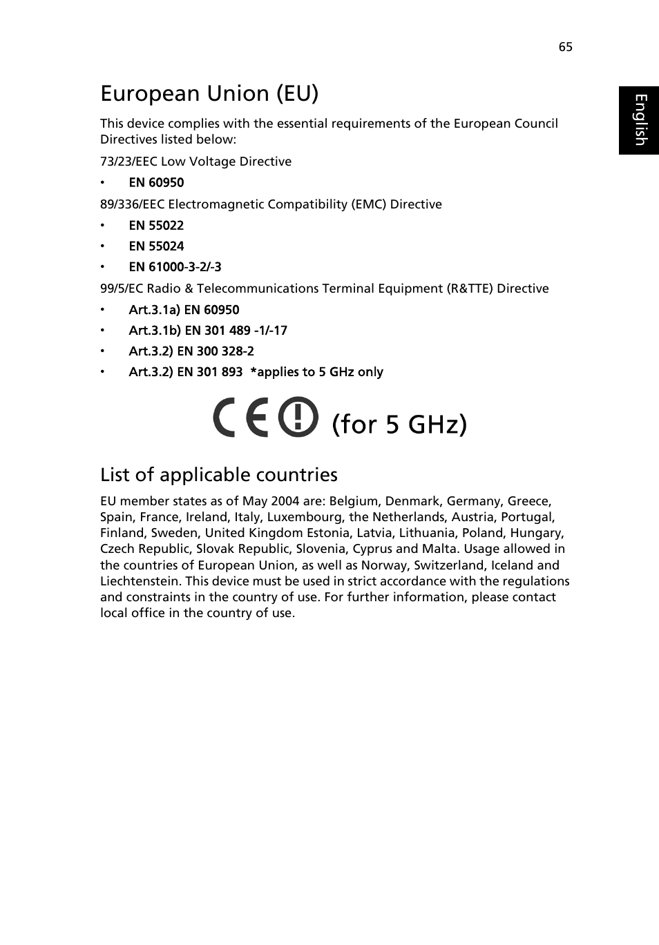 European union (eu), List of applicable countries | Acer Aspire 5020 User Manual | Page 75 / 81