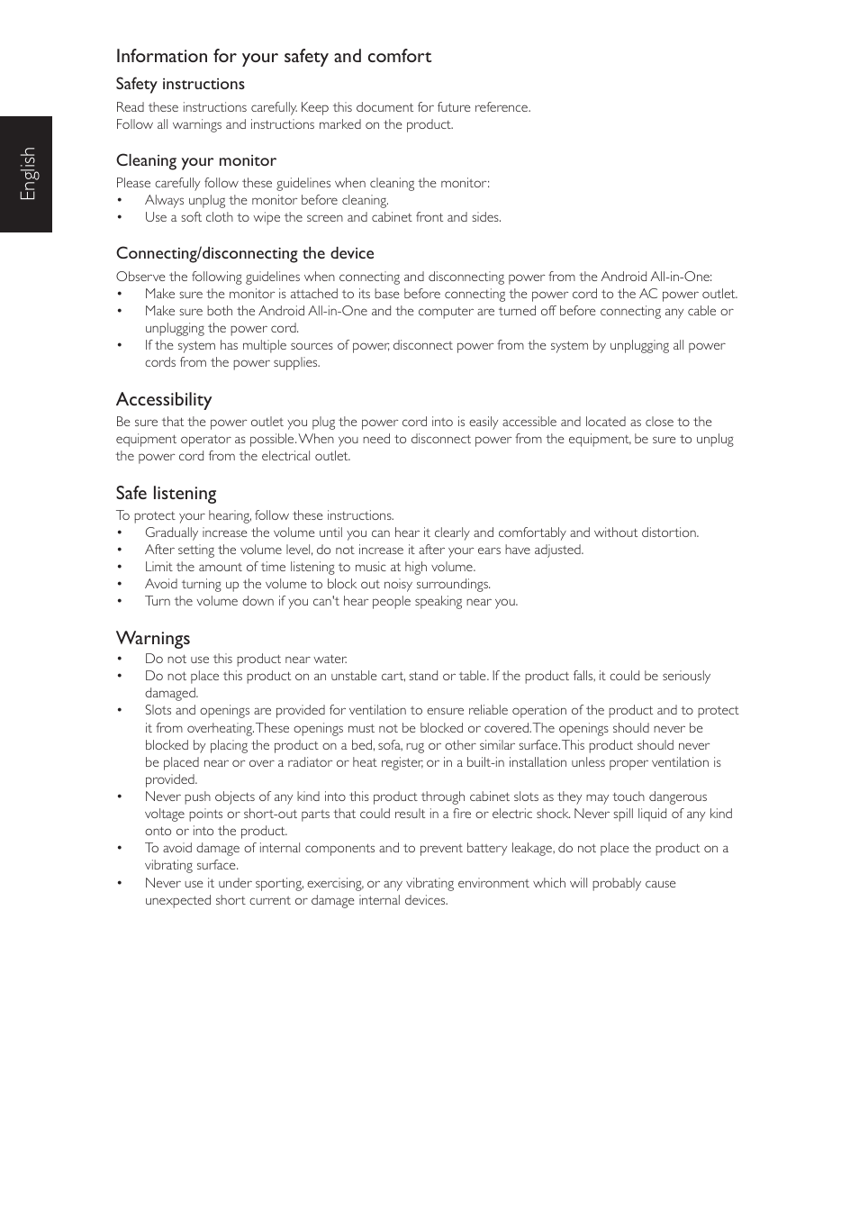 English, Information for your safety and comfort, Accessibility | Safe listening, Warnings | Acer TA272HUL User Manual | Page 6 / 7