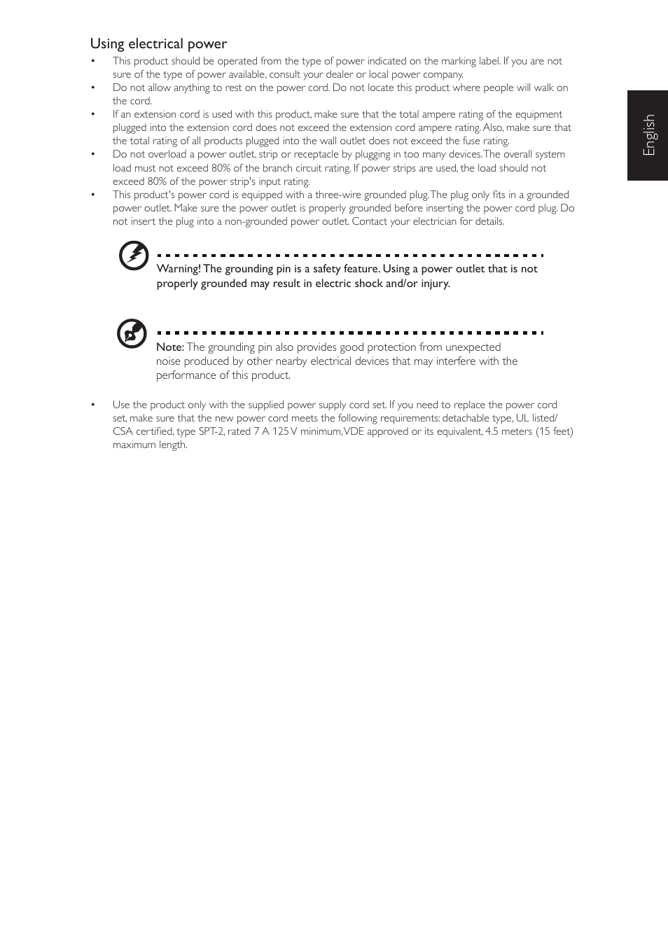 English, Using electrical power | Acer TA272HUL User Manual | Page 7 / 7