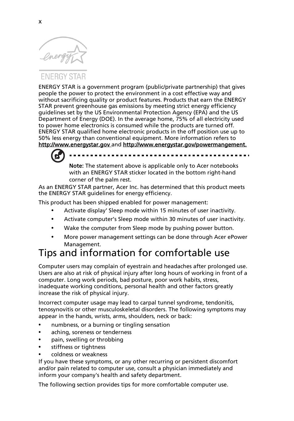Tips and information for comfortable use | Acer Ferrari 1100 User Manual | Page 10 / 112