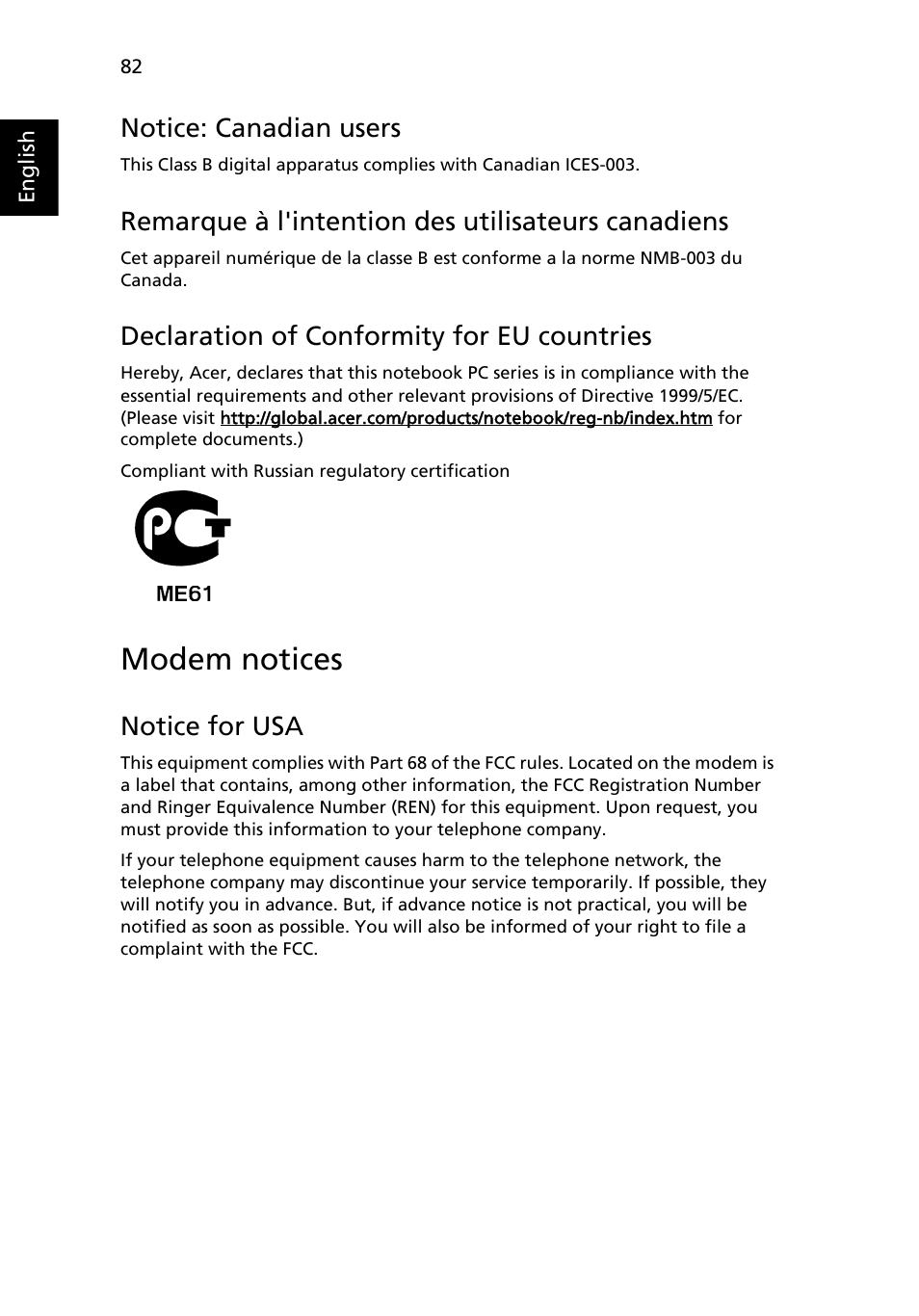 Modem notices, Notice: canadian users, Remarque à l'intention des utilisateurs canadiens | Declaration of conformity for eu countries, Notice for usa | Acer Ferrari 1100 User Manual | Page 102 / 112