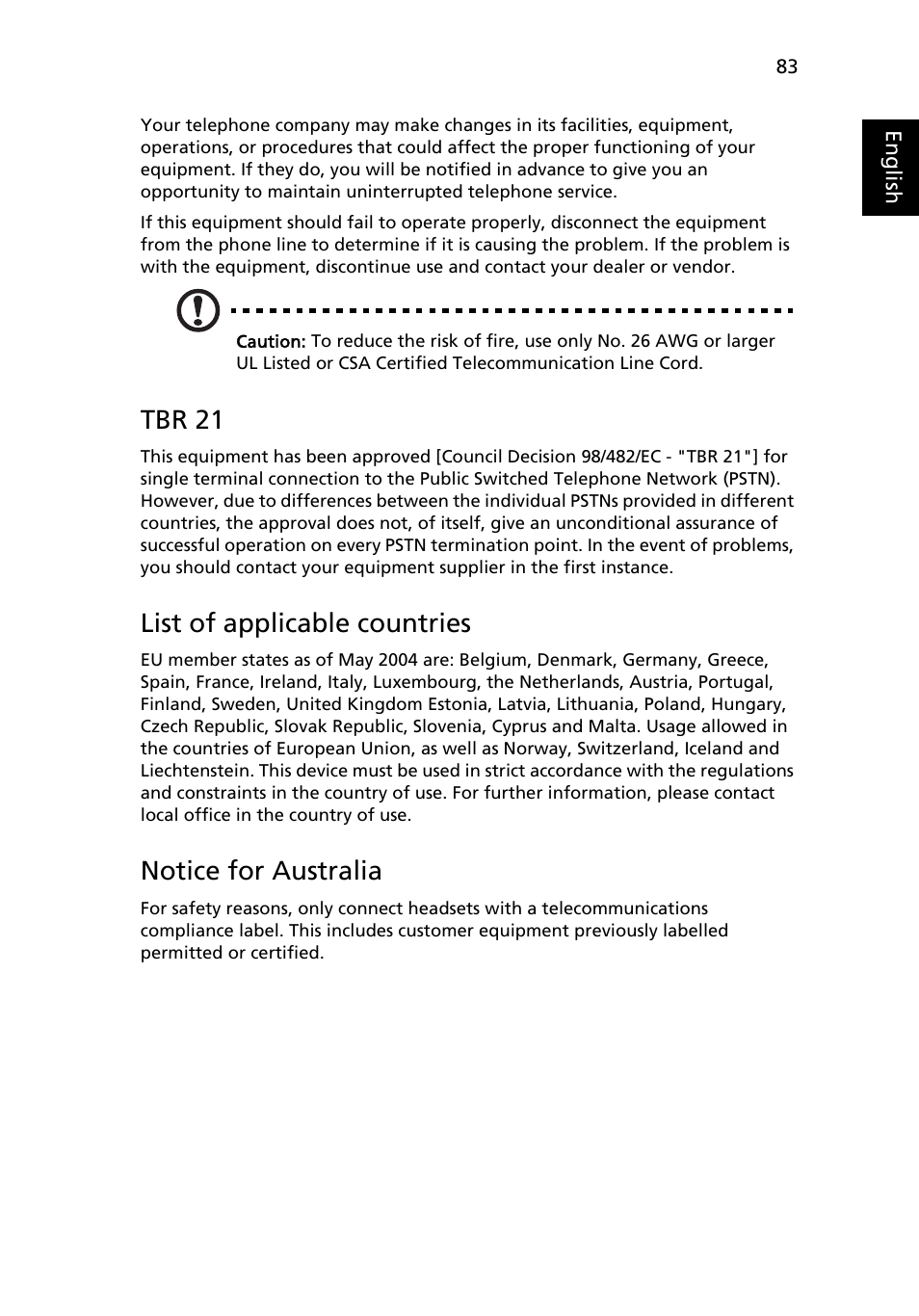 Tbr 21, List of applicable countries, Notice for australia | Acer Ferrari 1100 User Manual | Page 103 / 112