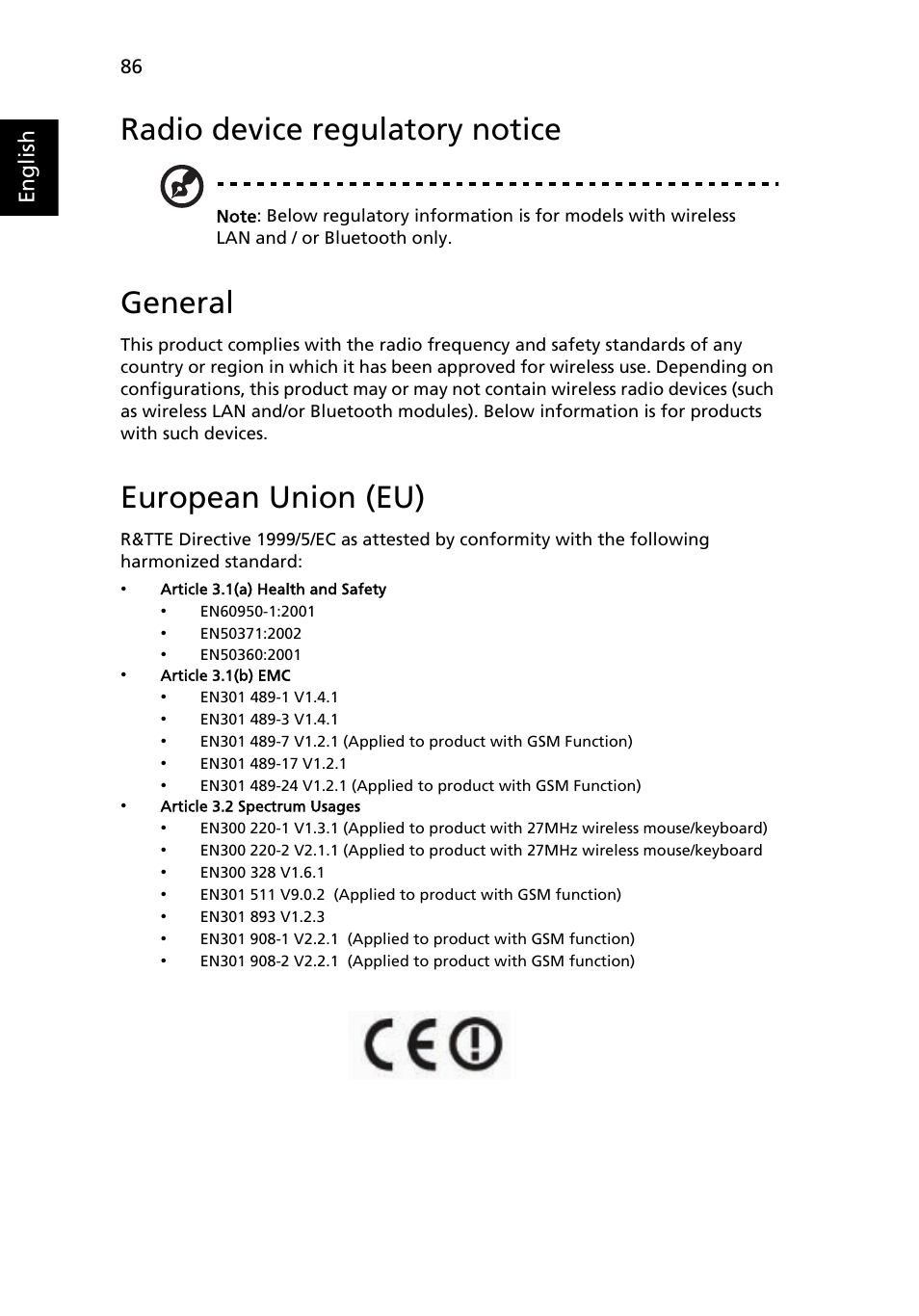 Radio device regulatory notice, General, European union (eu) | English | Acer Ferrari 1100 User Manual | Page 106 / 112