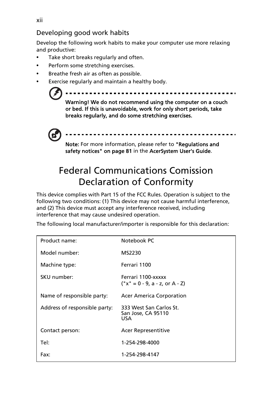 Acer Ferrari 1100 User Manual | Page 12 / 112