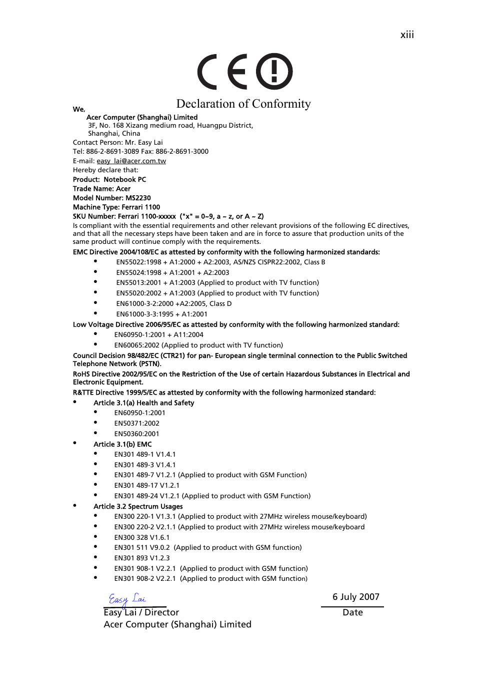 Declaration of conformity, Xiii | Acer Ferrari 1100 User Manual | Page 13 / 112