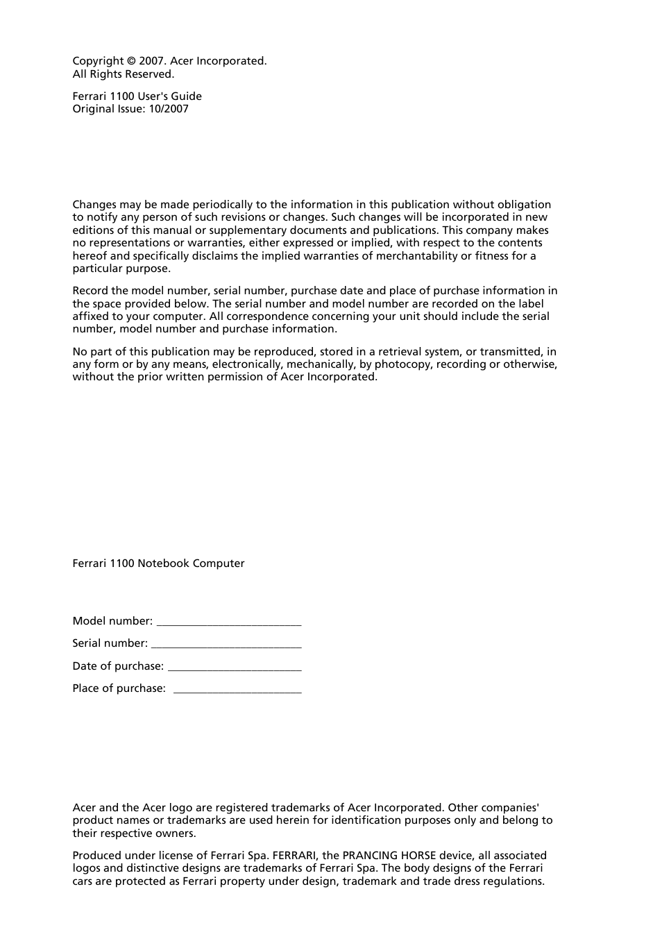 Acer Ferrari 1100 User Manual | Page 2 / 112