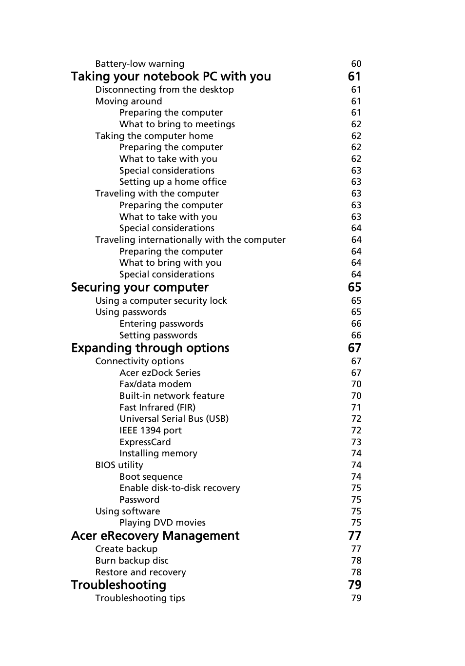 Securing your computer 65, Expanding through options 67, Acer erecovery management 77 | Troubleshooting 79 | Acer Ferrari 1100 User Manual | Page 21 / 112