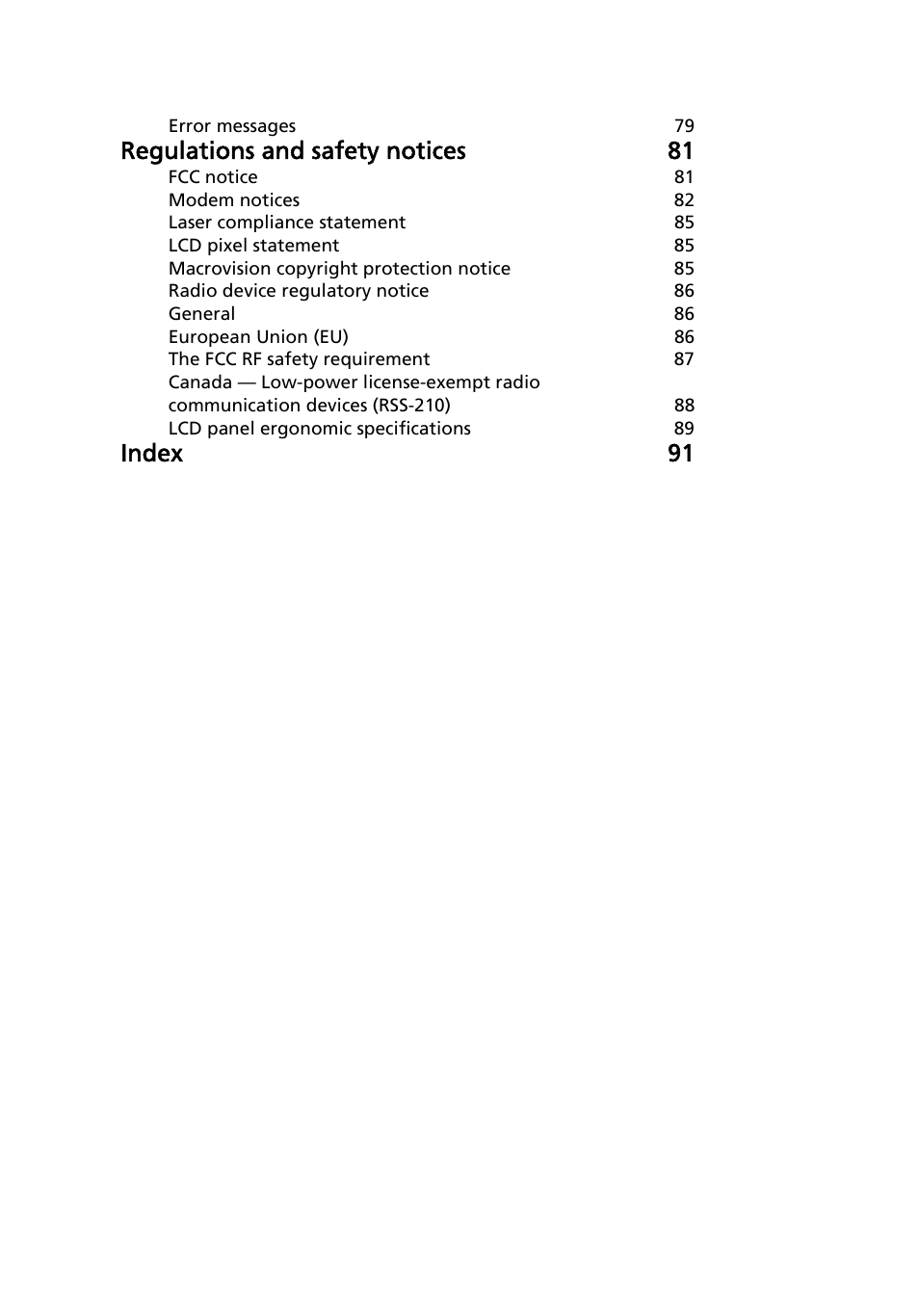 Regulations and safety notices 81, Index 91 | Acer Ferrari 1100 User Manual | Page 22 / 112