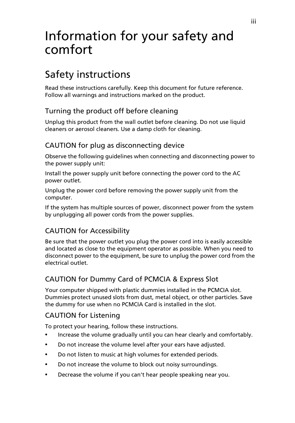 Information for your safety and comfort, Safety instructions | Acer Ferrari 1100 User Manual | Page 3 / 112