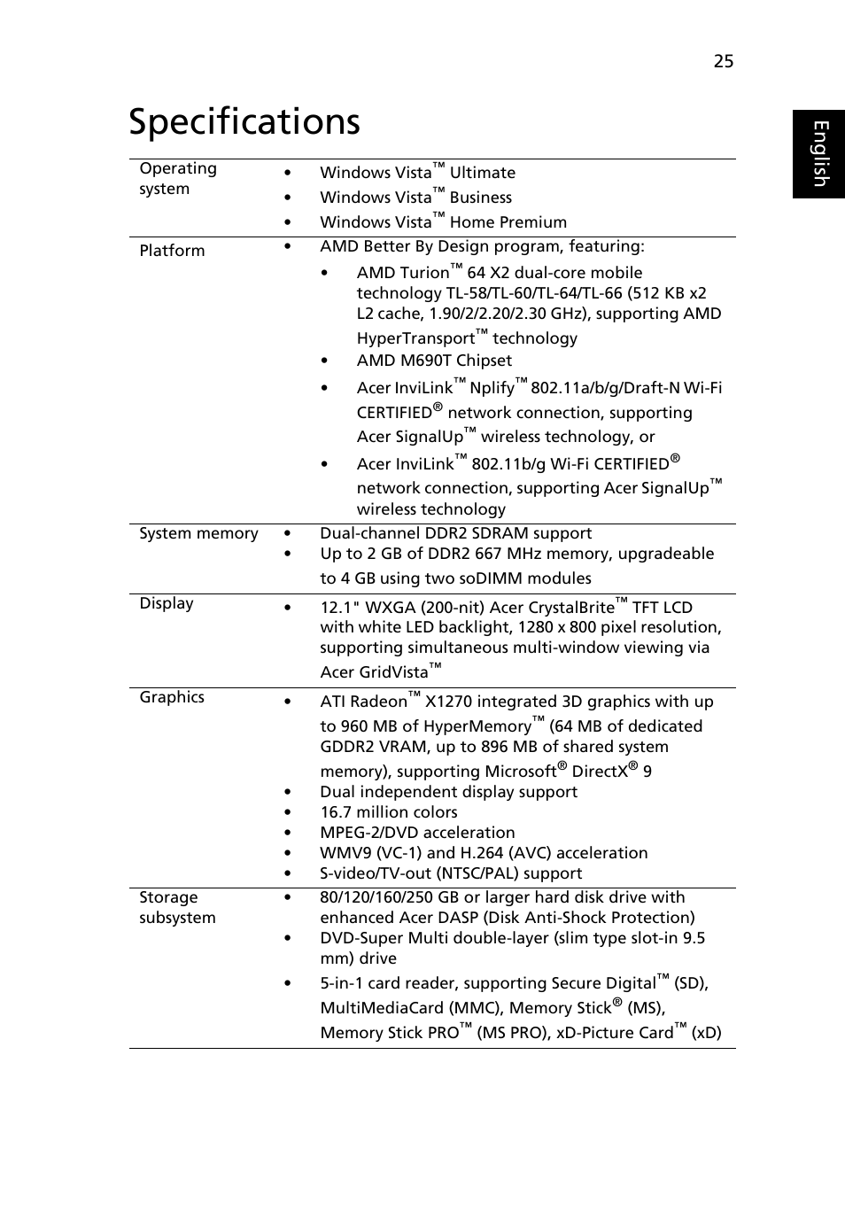 Specifications, Eng lis h | Acer Ferrari 1100 User Manual | Page 47 / 112