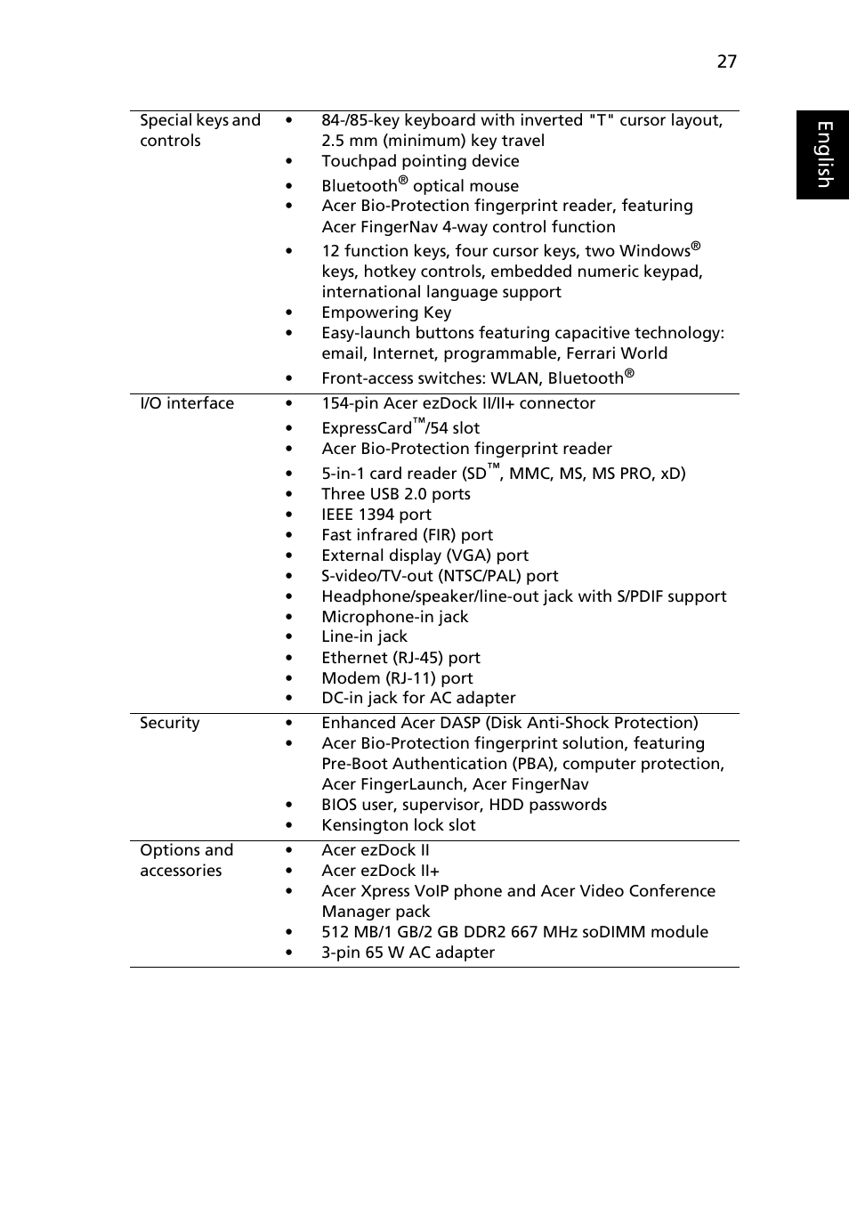 Eng lis h | Acer Ferrari 1100 User Manual | Page 49 / 112