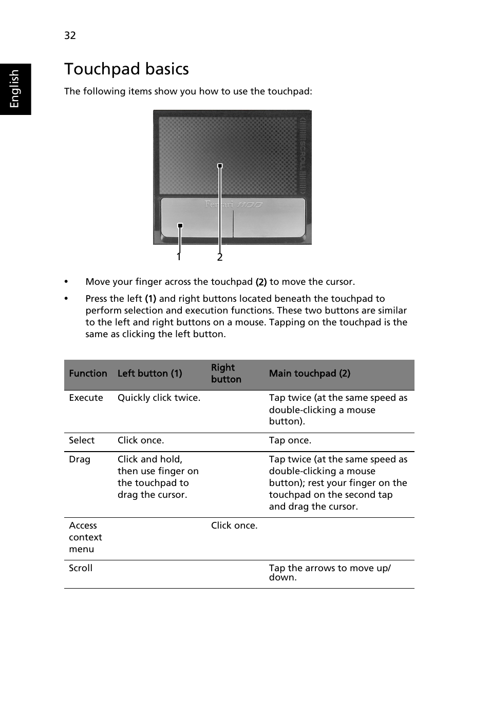 Touchpad basics | Acer Ferrari 1100 User Manual | Page 54 / 112