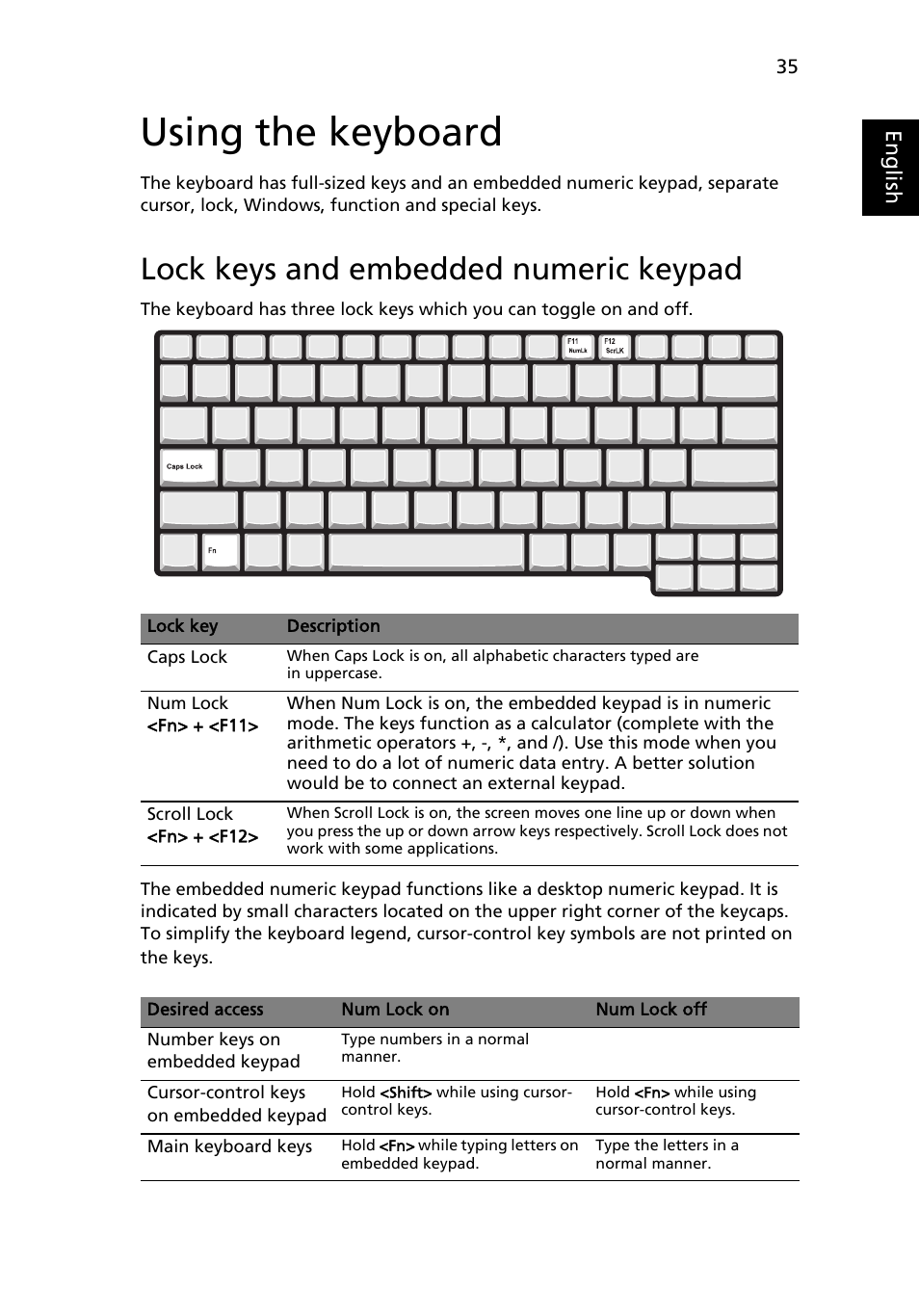 Using the keyboard, Lock keys and embedded numeric keypad | Acer Ferrari 1100 User Manual | Page 57 / 112