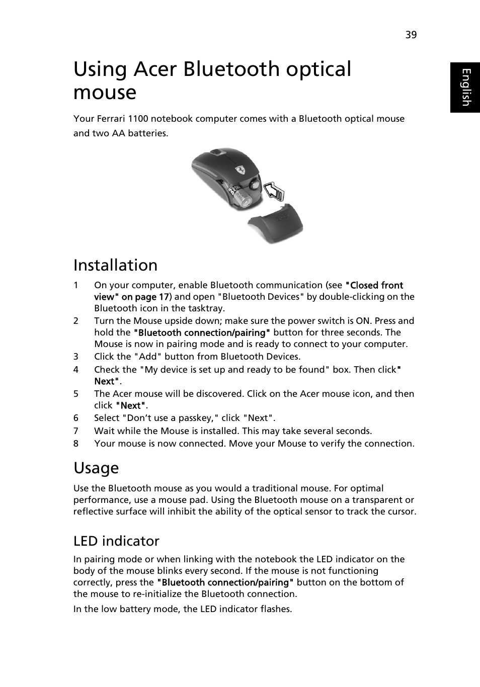 Using acer bluetooth optical mouse, Installation, Usage | Led indicator | Acer Ferrari 1100 User Manual | Page 61 / 112