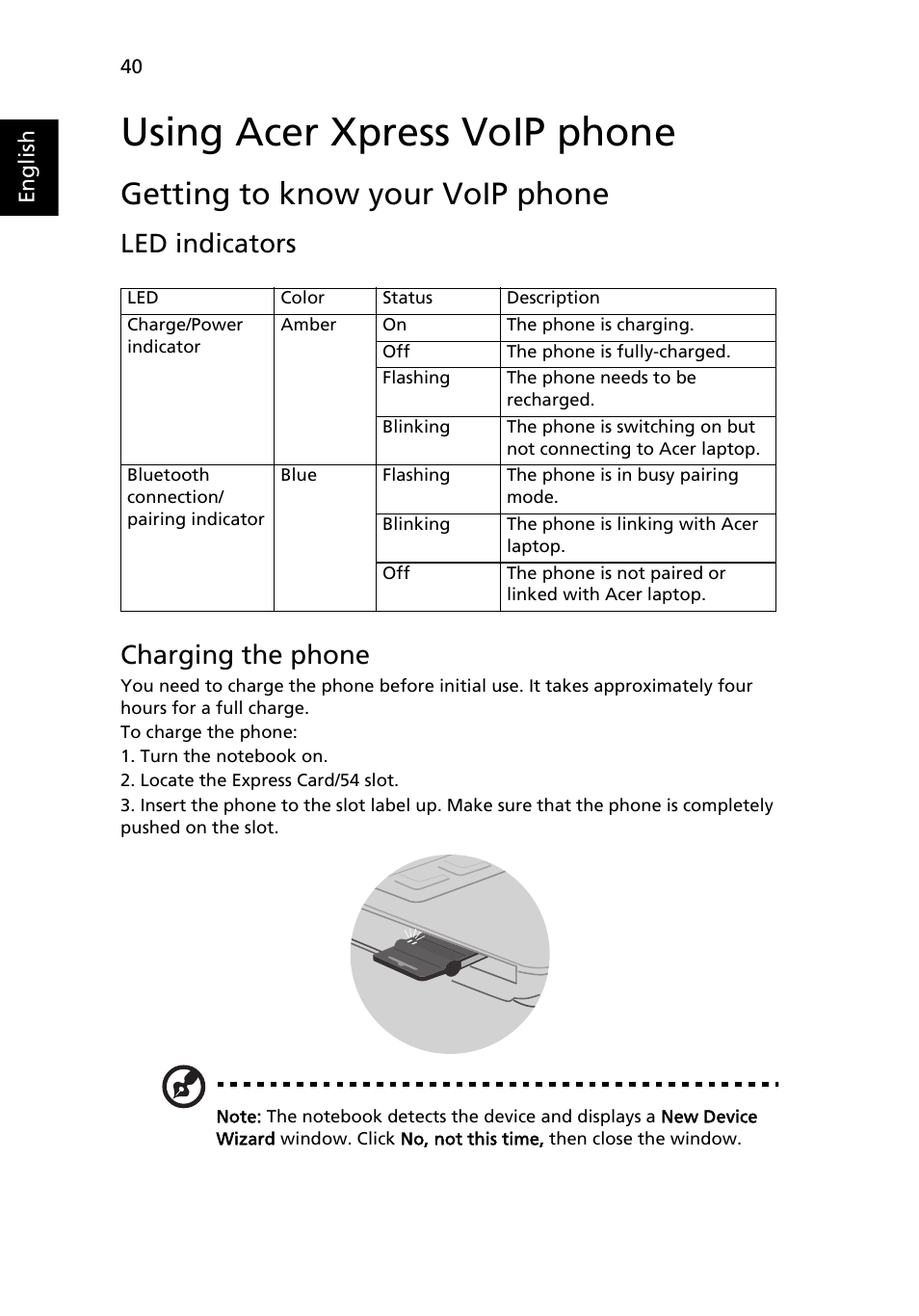 Using acer xpress voip phone, Getting to know your voip phone, Led indicators | Charging the phone, Led indicators charging the phone | Acer Ferrari 1100 User Manual | Page 62 / 112