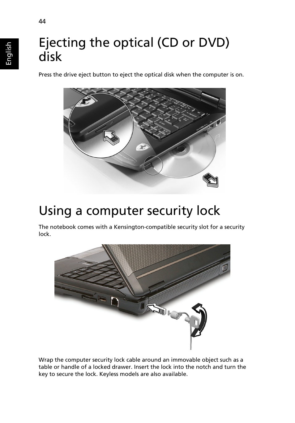 Ejecting the optical (cd or dvd) disk, Using a computer security lock | Acer Ferrari 1100 User Manual | Page 66 / 112