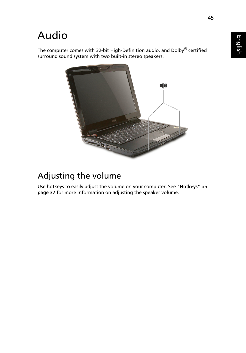 Audio, Adjusting the volume | Acer Ferrari 1100 User Manual | Page 67 / 112