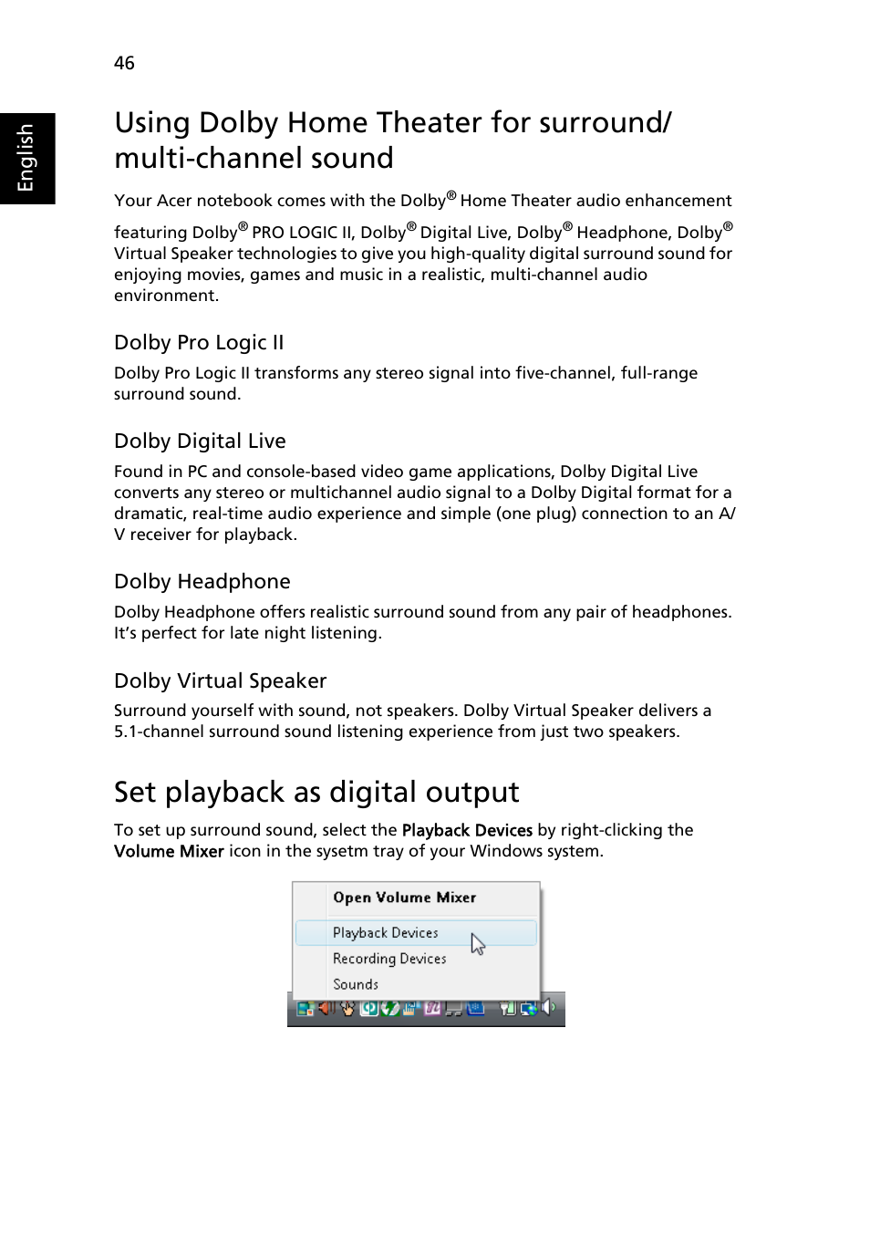 Set playback as digital output, English, Dolby pro logic ii | Dolby digital live, Dolby headphone, Dolby virtual speaker | Acer Ferrari 1100 User Manual | Page 68 / 112