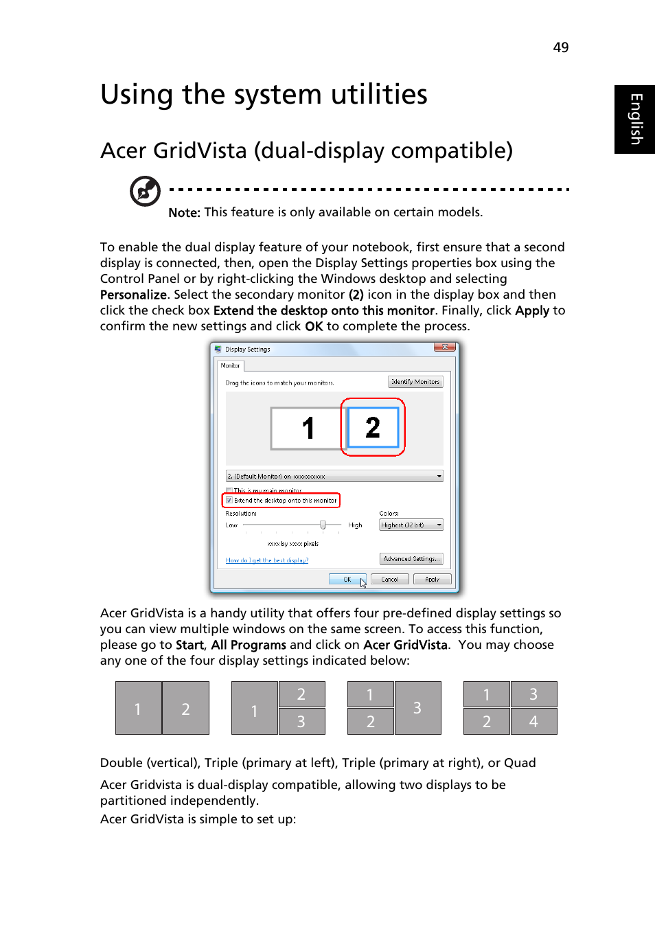 Using the system utilities, Acer gridvista (dual-display compatible) | Acer Ferrari 1100 User Manual | Page 71 / 112
