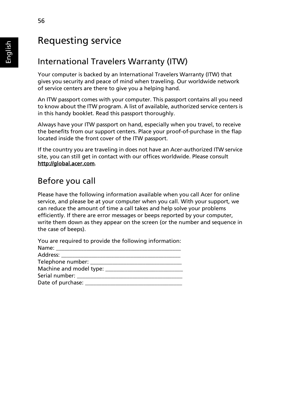 Requesting service, International travelers warranty (itw), Before you call | Battery pack | Acer Ferrari 1100 User Manual | Page 76 / 112