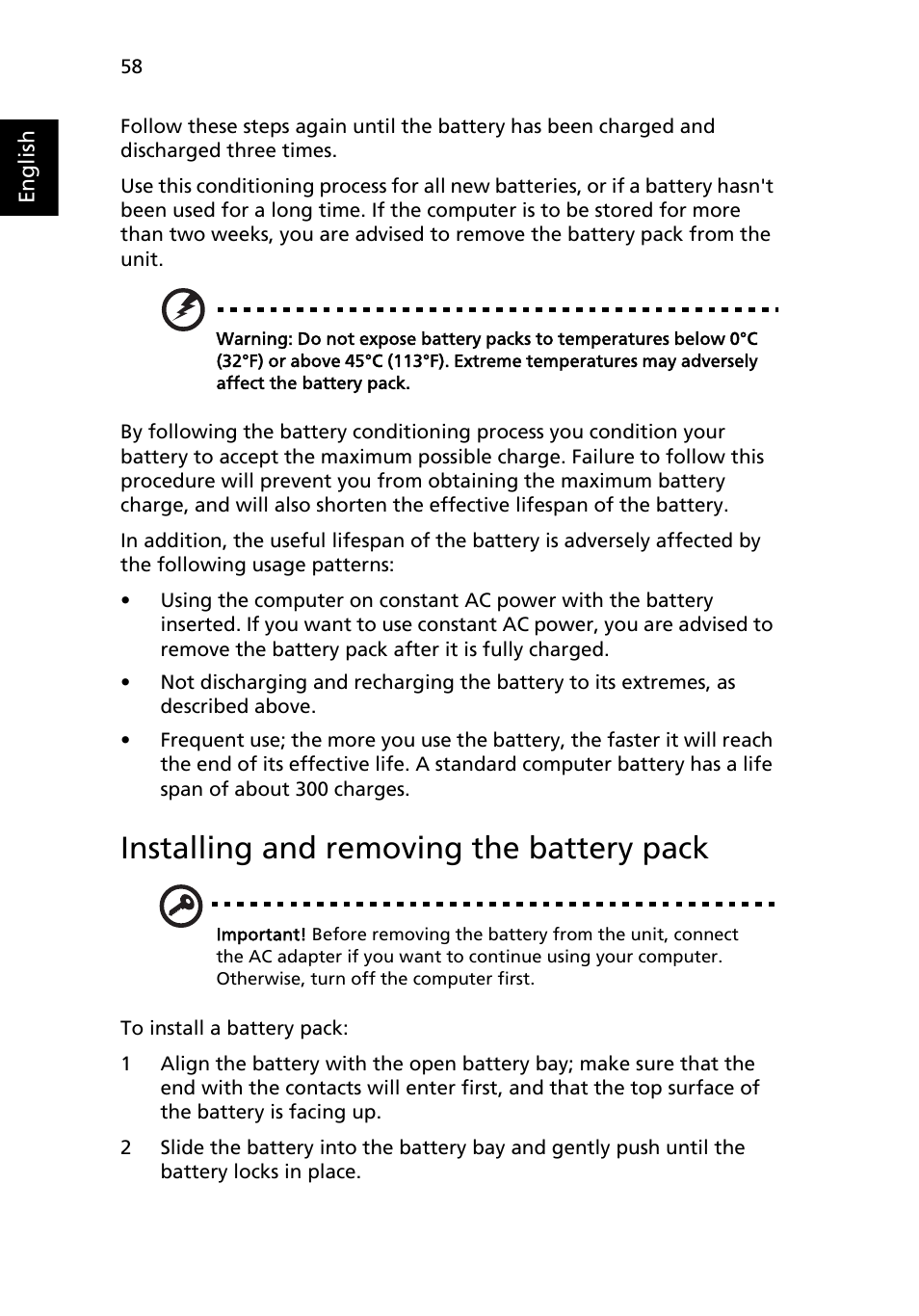 Installing and removing the battery pack, Charging the battery | Acer Ferrari 1100 User Manual | Page 78 / 112