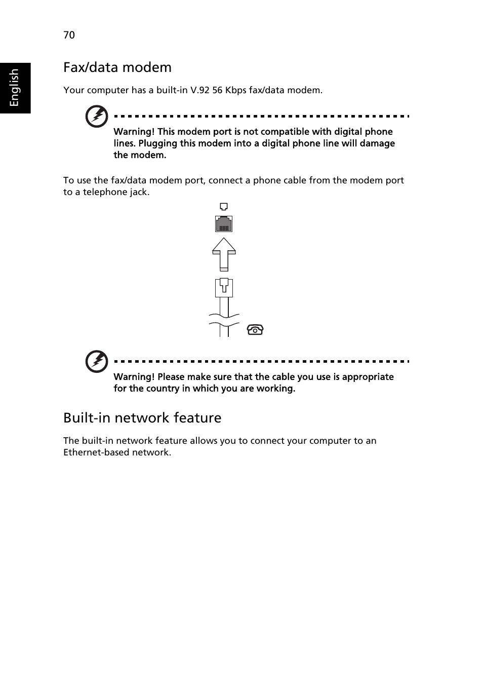 Fax/data modem, Built-in network feature | Acer Ferrari 1100 User Manual | Page 90 / 112