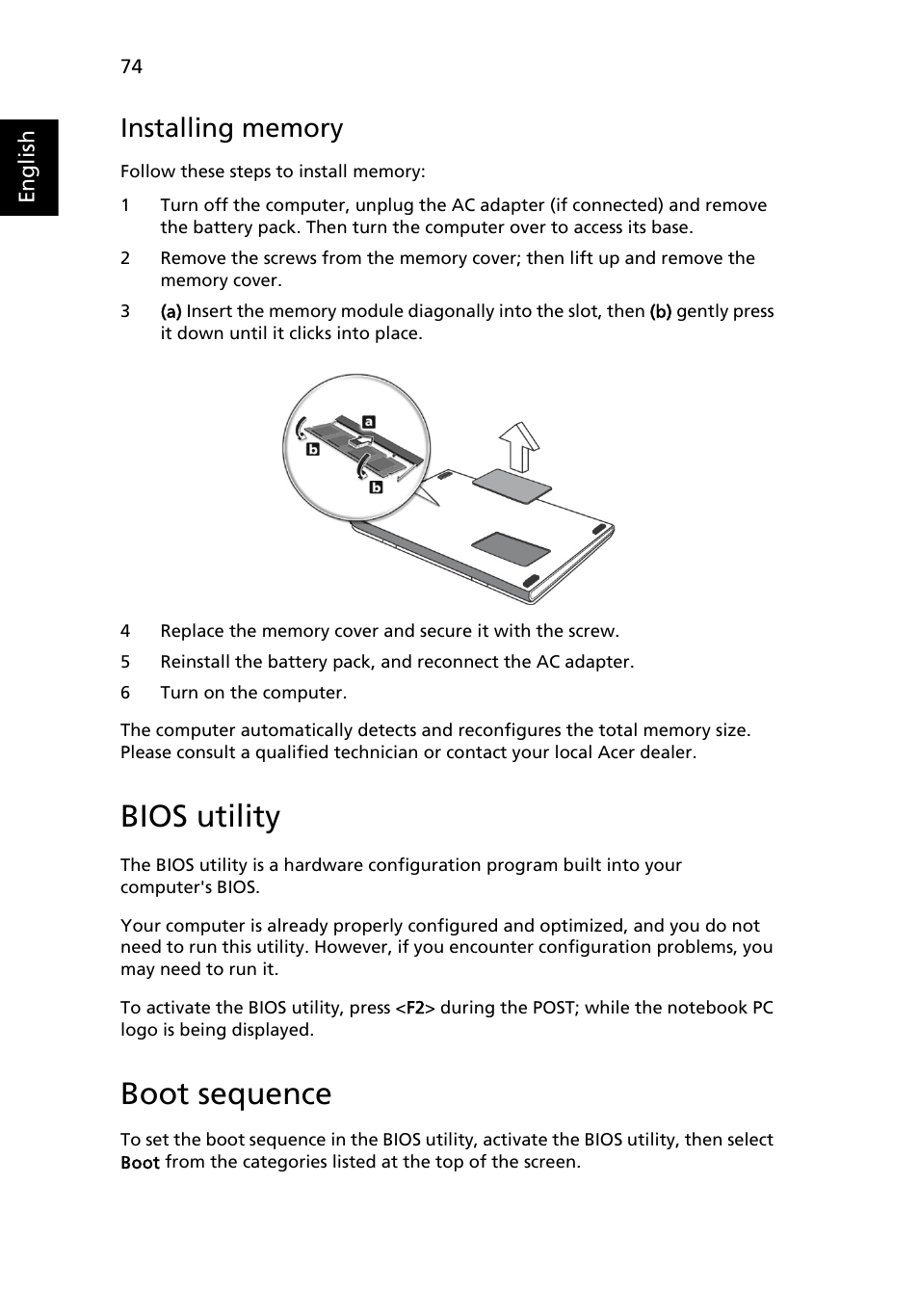 Bios utility, Installing memory, Boot sequence | Acer Ferrari 1100 User Manual | Page 94 / 112