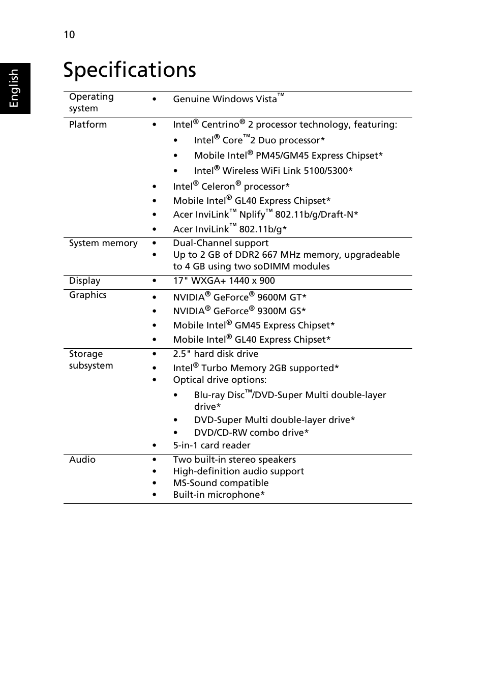 Specifications, English | Acer TravelMate 7730G User Manual | Page 10 / 12