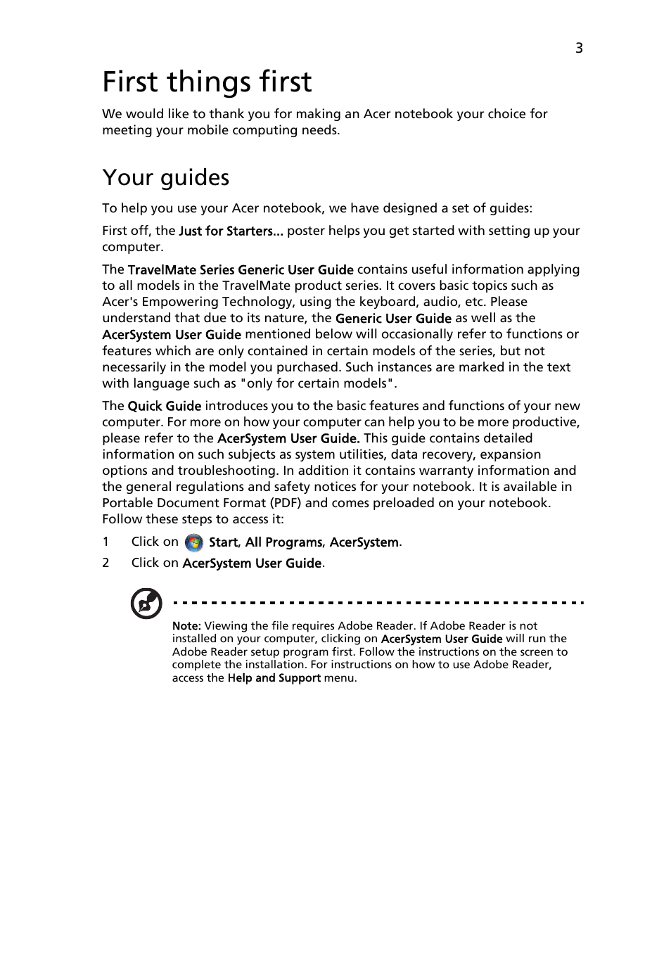 First things first, Your guides | Acer TravelMate 7730G User Manual | Page 3 / 12