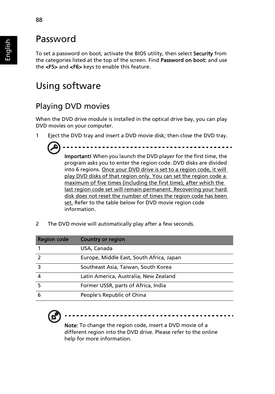 Using software, Password, Playing dvd movies | Acer Ferrari 1000 User Manual | Page 108 / 126