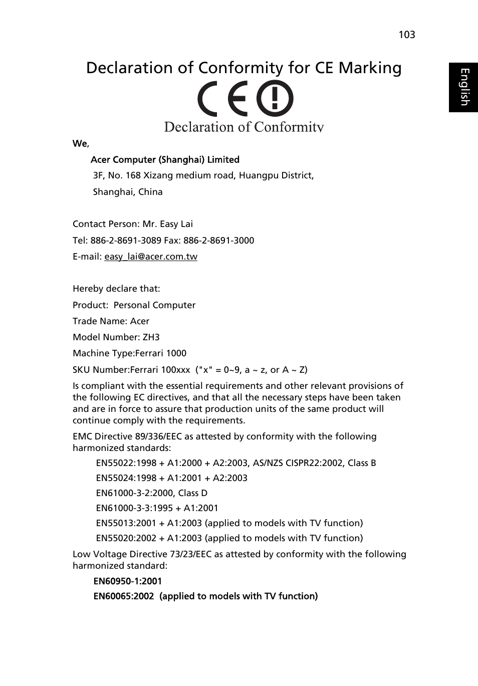 Declaration of conformity for ce marking | Acer Ferrari 1000 User Manual | Page 123 / 126