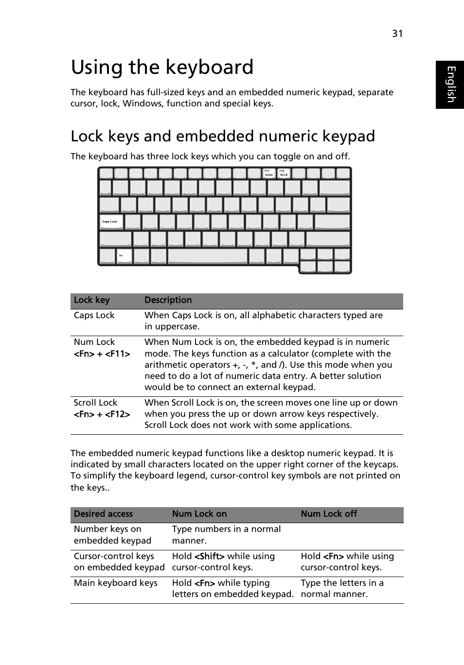 Using the keyboard, Lock keys and embedded numeric keypad | Acer Ferrari 1000 User Manual | Page 51 / 126