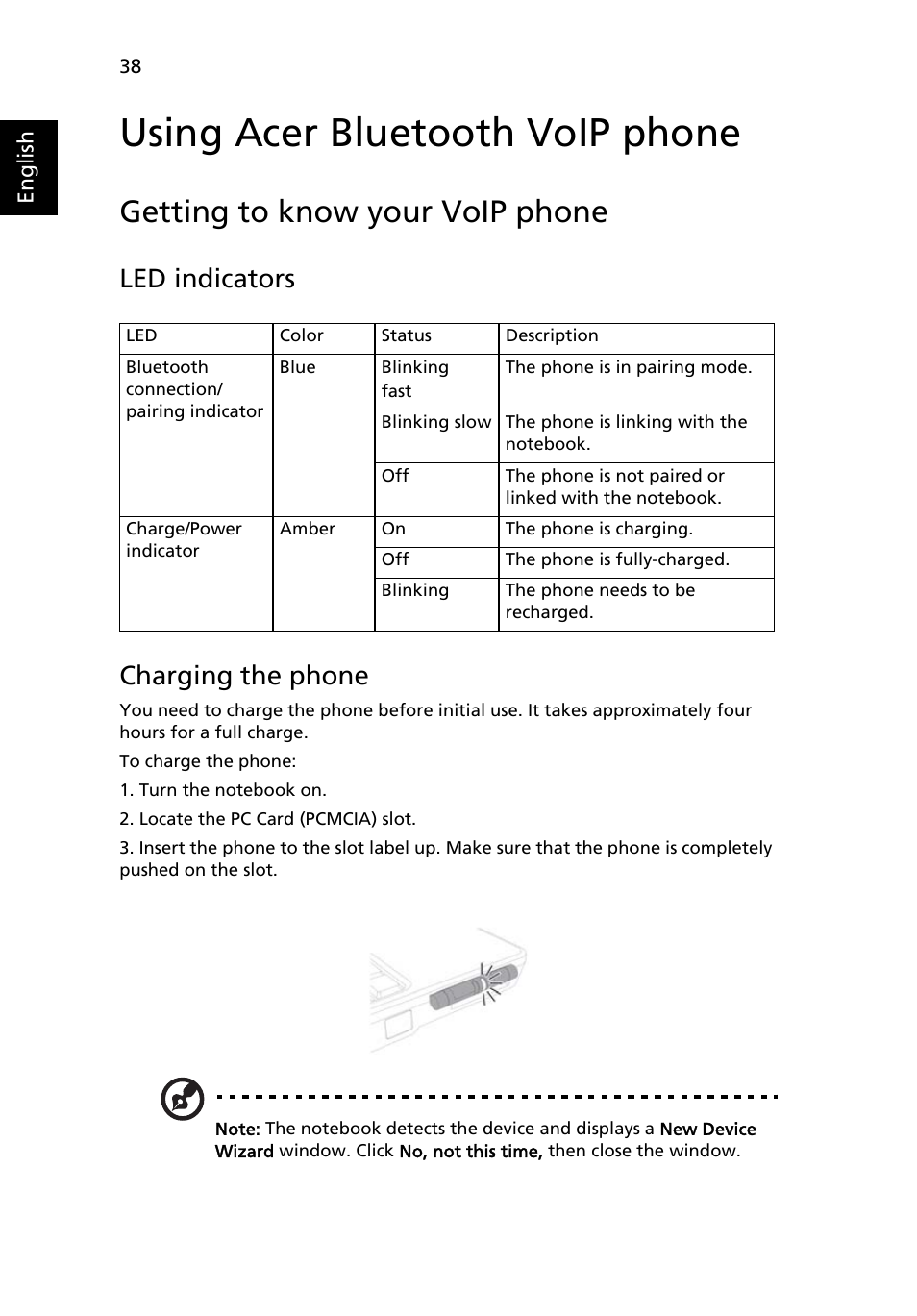 Using acer bluetooth voip phone, Getting to know your voip phone, Led indicators | Charging the phone, Led indicators charging the phone | Acer Ferrari 1000 User Manual | Page 58 / 126