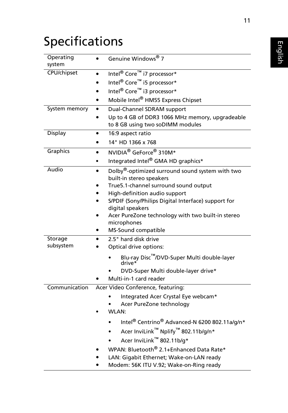 Specifications, Eng lis h | Acer Aspire 4740G User Manual | Page 11 / 12