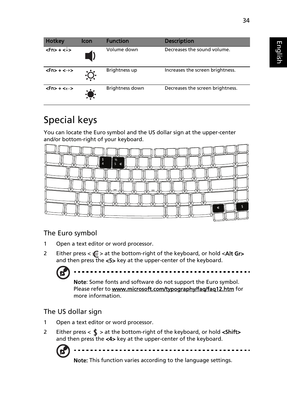 Special keys, Eng lis h, The euro symbol | The us dollar sign | Acer TravelMate 5710 User Manual | Page 51 / 96