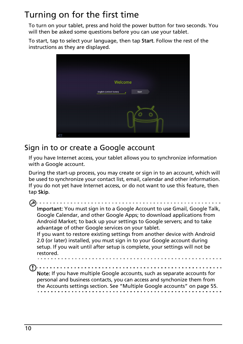 Turning on for the first time, Sign in to or create a google account | Acer A501 User Manual | Page 10 / 65