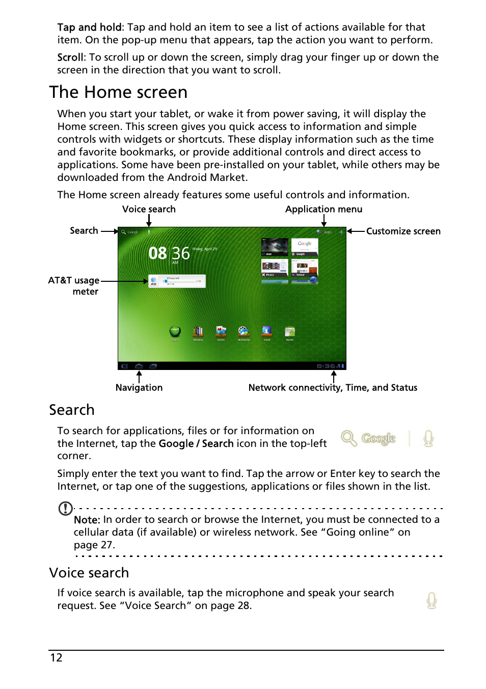 The home screen, Search, Voice search | Acer A501 User Manual | Page 12 / 65