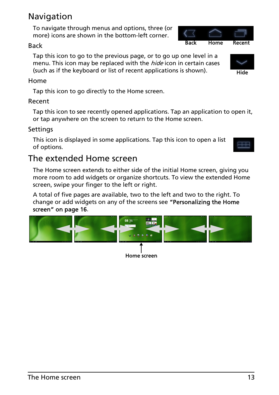 Navigation, The extended home screen | Acer A501 User Manual | Page 13 / 65