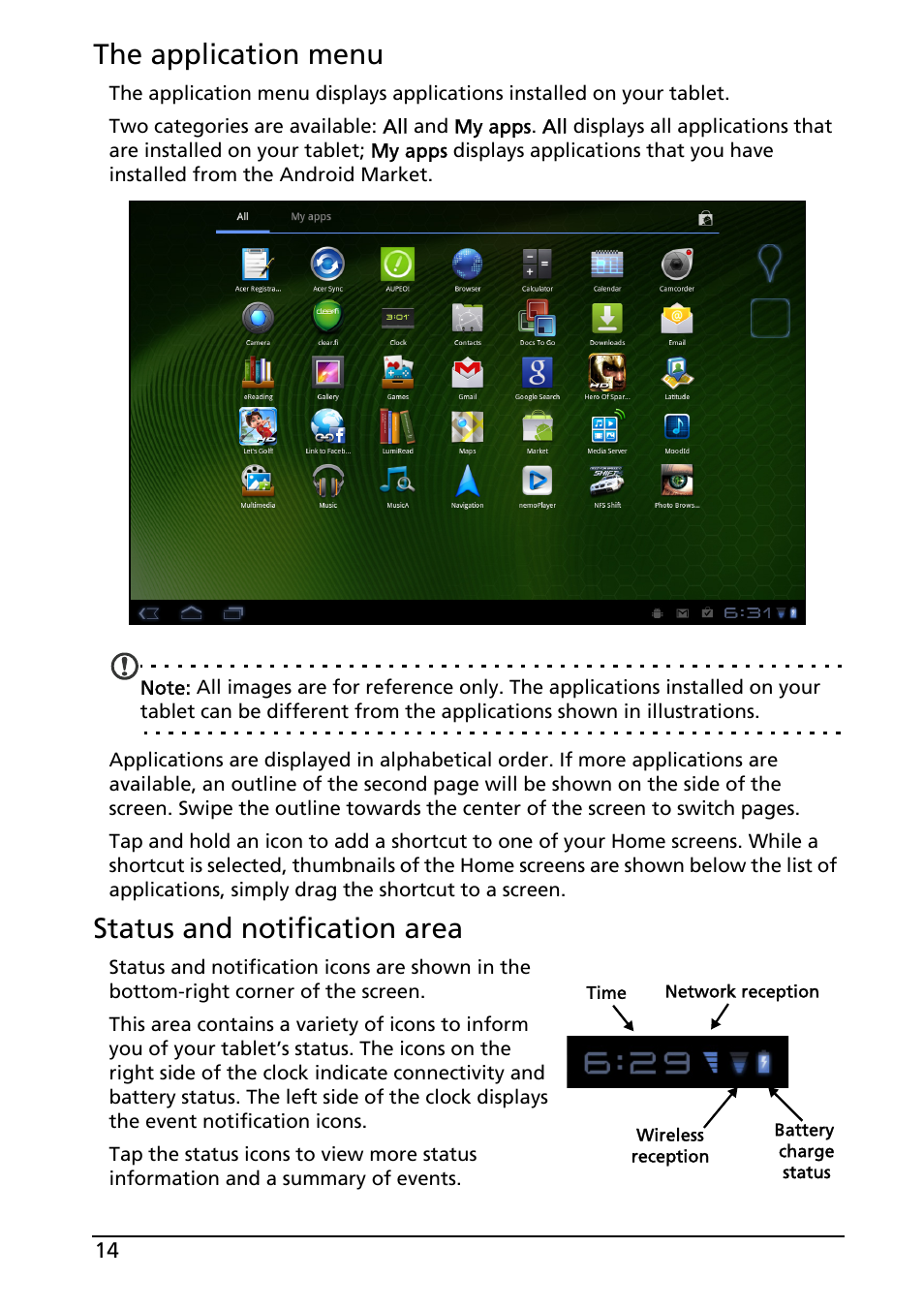 The application menu, Status and notification area | Acer A501 User Manual | Page 14 / 65