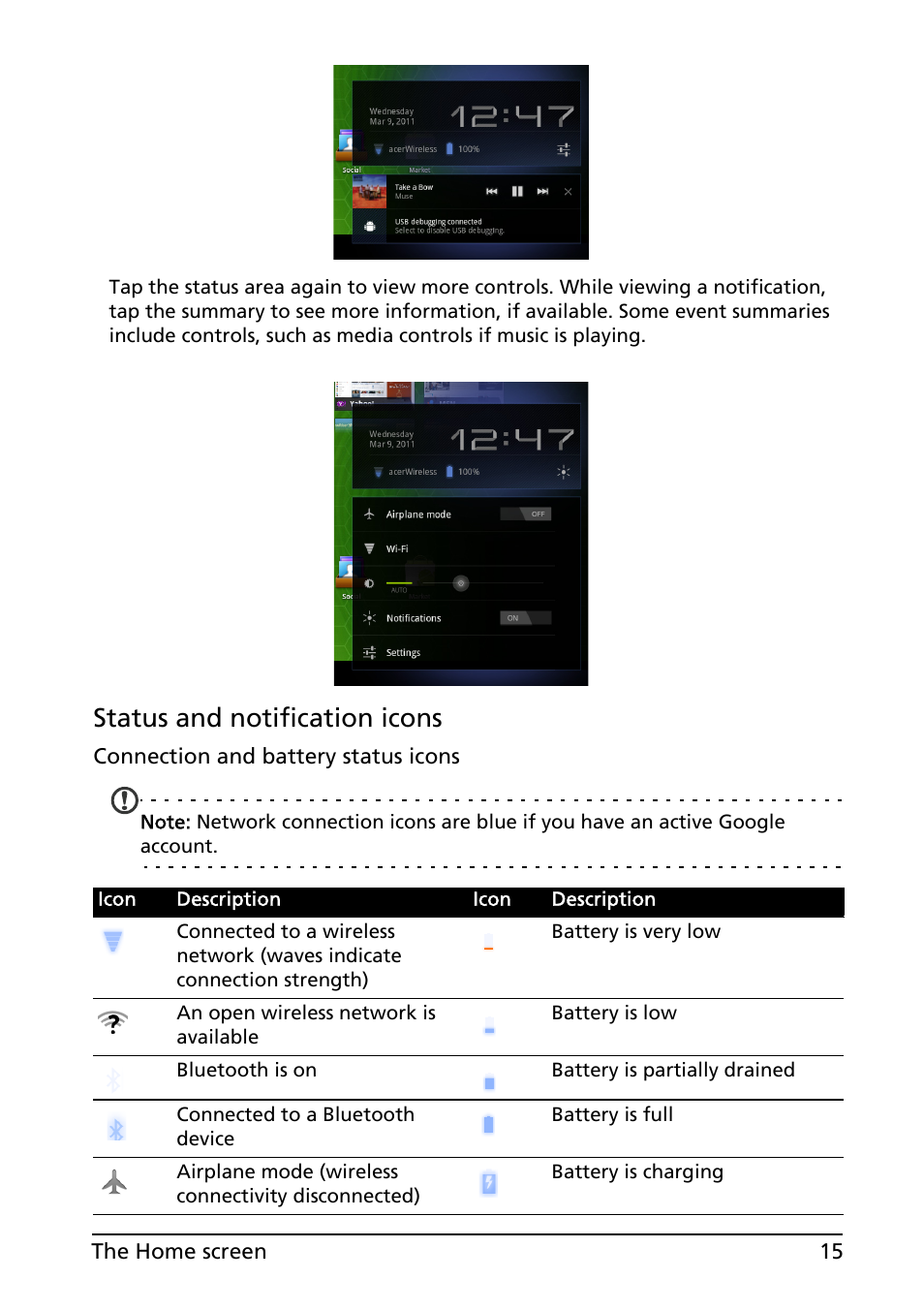 Status and notification icons | Acer A501 User Manual | Page 15 / 65