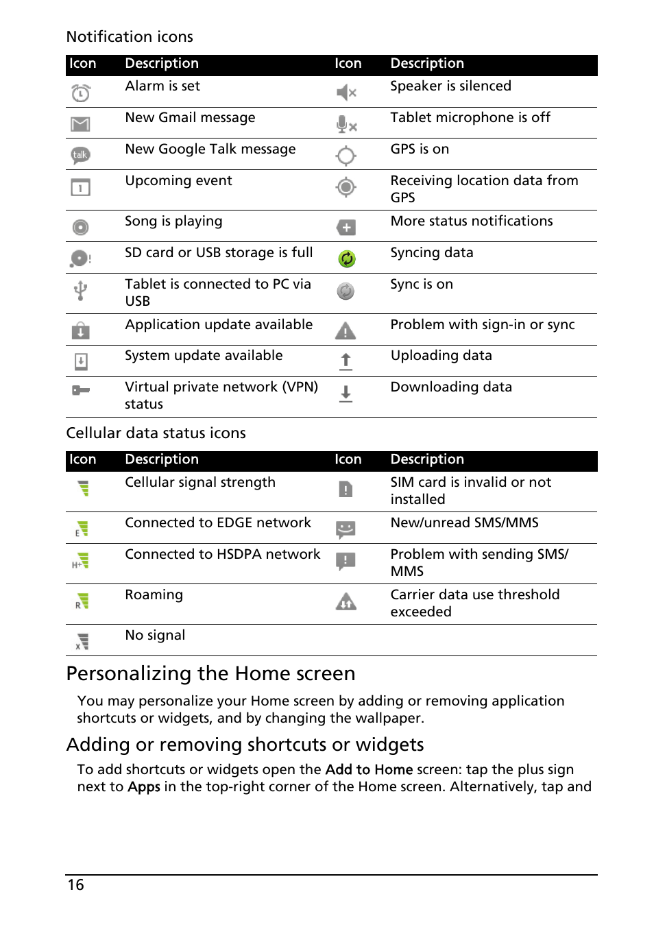 Personalizing the home screen, Adding or removing shortcuts or widgets | Acer A501 User Manual | Page 16 / 65