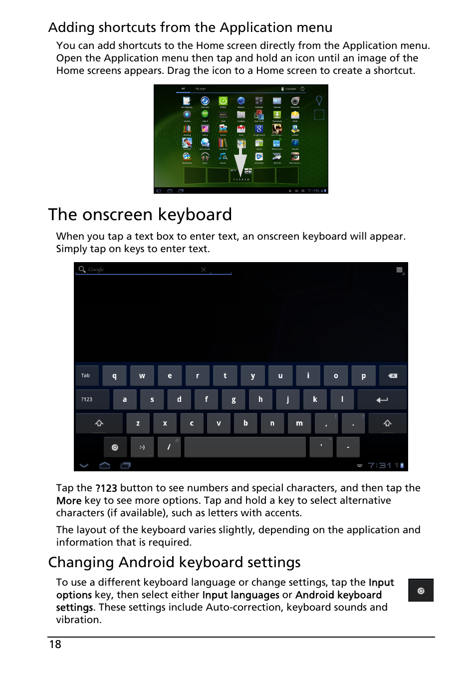 The onscreen keyboard, Changing android keyboard settings | Acer A501 User Manual | Page 18 / 65